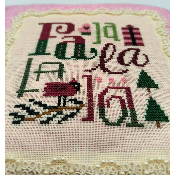 Fa La La Handmade Pink Pillow W/ Cross Stitch Holiday Design Swirl Pattern Back - Picture 5 of 6